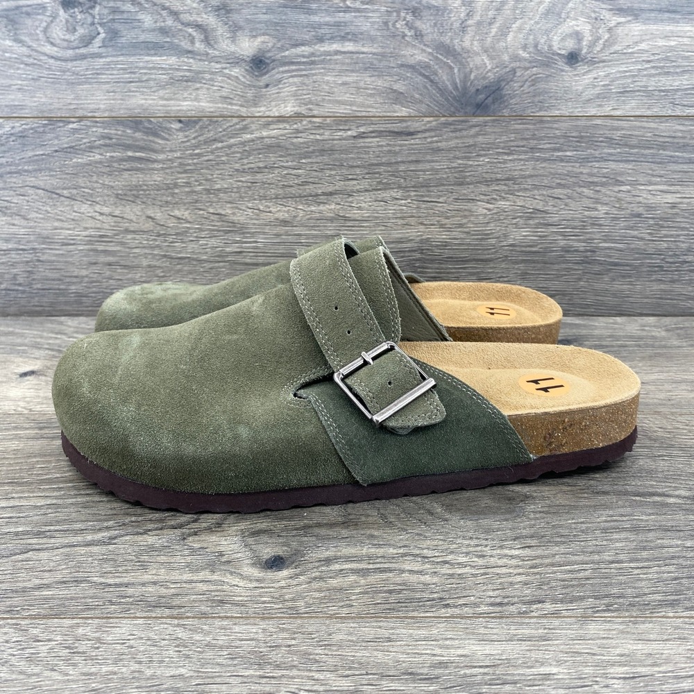 Cushionaire Lane Clog Mens 11 Olive Green Suede Cork Footbed Buckle Mules